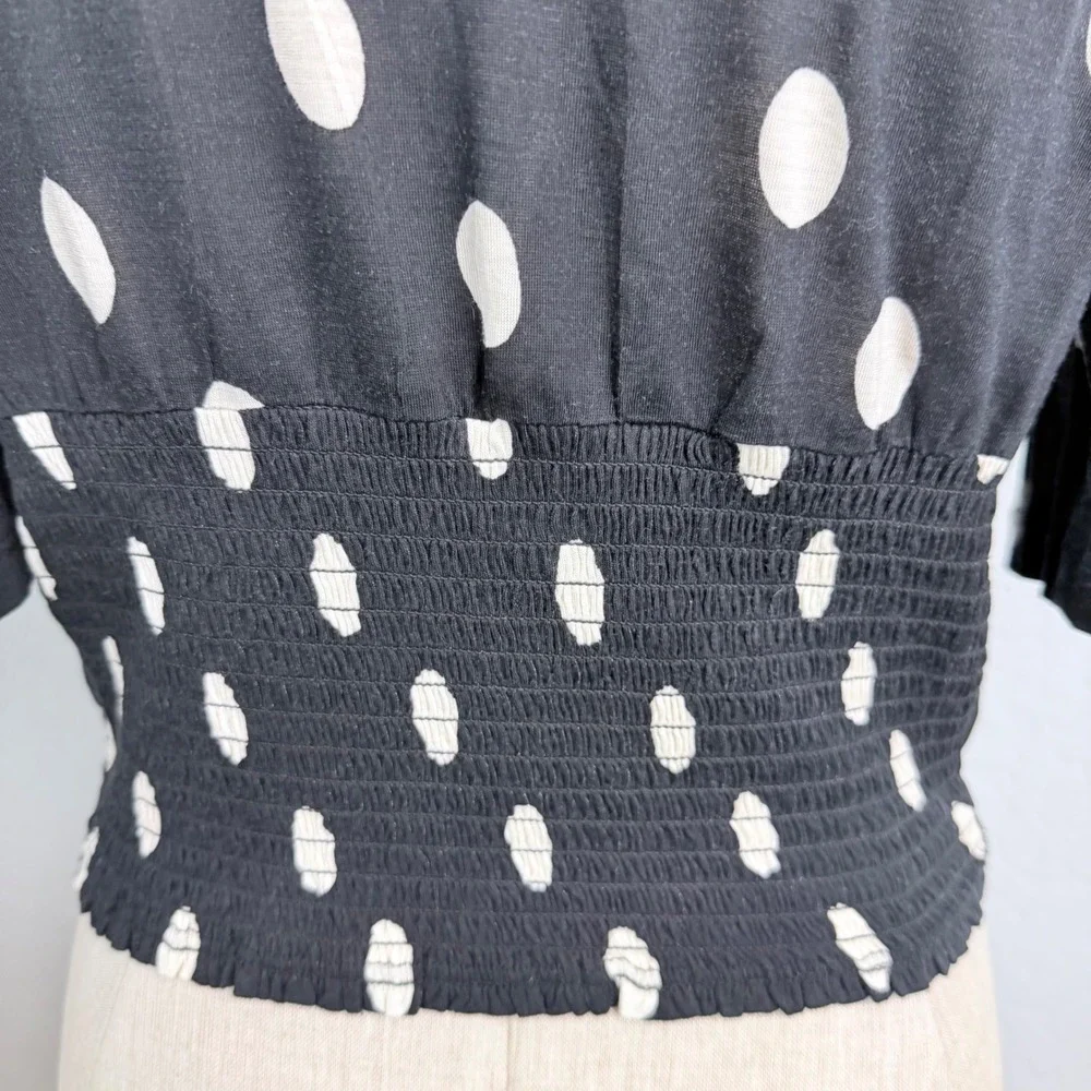 Anthropologie‎ Tiny Polka Dot Smocked Waist V-Neck Blouse Black White Size S
